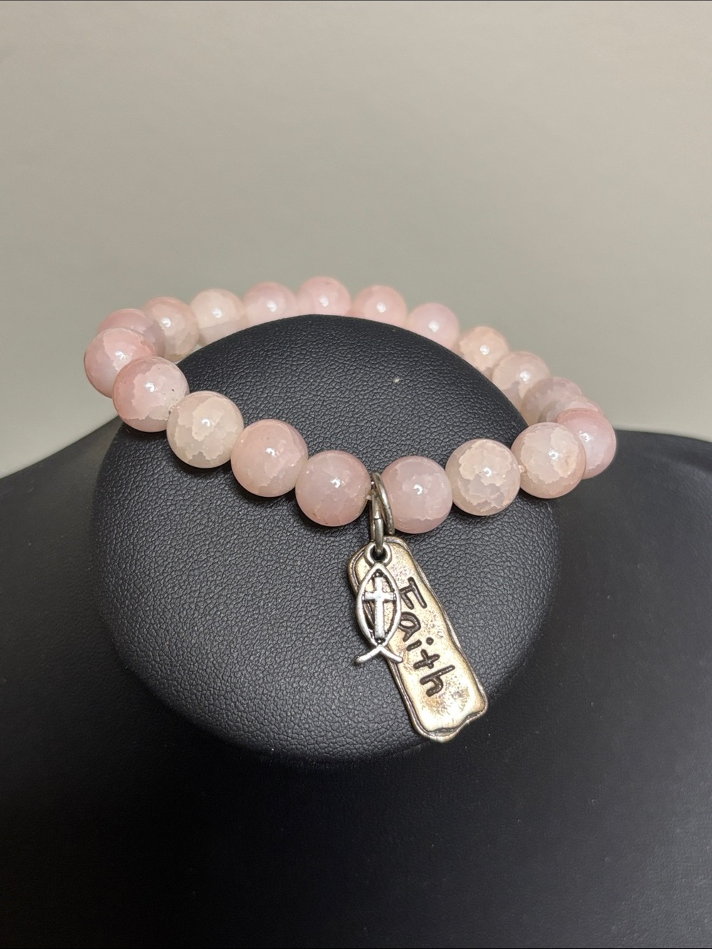 Rose Pink Stone Beaded Stretch Bracelet with Faith Charm